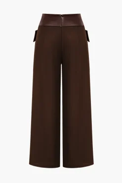 Solid Faux Leather Patchwork High Waist Crossed Pocket Trousers