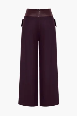 Solid Faux Leather Patchwork High Waist Crossed Pocket Trousers