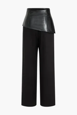 Solid Faux Leather Patchwork Button Trousers