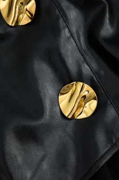 Solid Faux Leather Patchwork Button Trousers