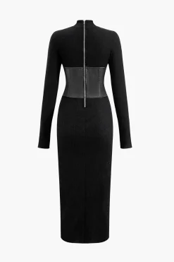 Solid Faux Leather Patchwork Midi Dress