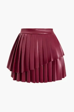 Solid Faux Leather Pleated Asymmetrical Skirt