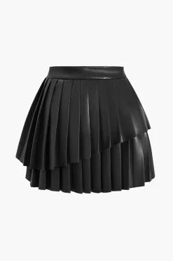 Solid Faux Leather Pleated Asymmetrical Skirt