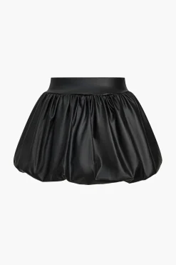 Solid Faux Leather Ruched Puff Skirt