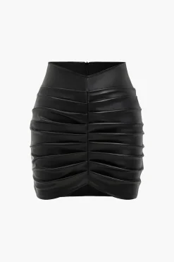 Solid Faux Leather Ruched Skirt