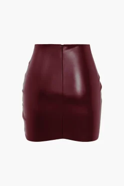 Solid Faux Leather Ruched Skirt