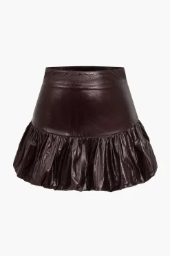Solid Faux Leather Ruched Skirt