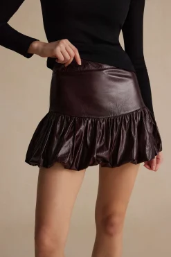 Solid Faux Leather Ruched Skirt