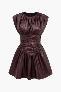 Solid Faux Leather Ruched Mini Dress