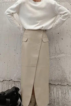 Solid Faux Leather Slit Button Fake Pockets Skirt