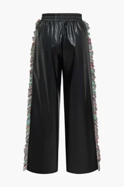 Solid Faux Leather Trousers With Fringe