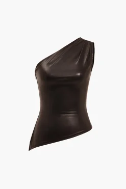 Solid Faux Leather Zipper Asymmetrical Tank Top