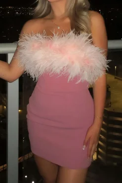 Solid Feather Strapless Mini Dress