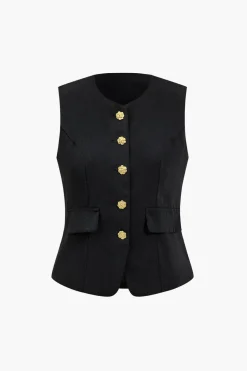 Solid Floral Button Vest
