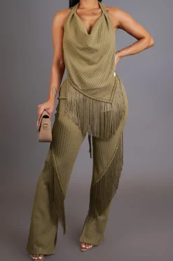Solid Fringe Backless Asymmetrical Trouser Set