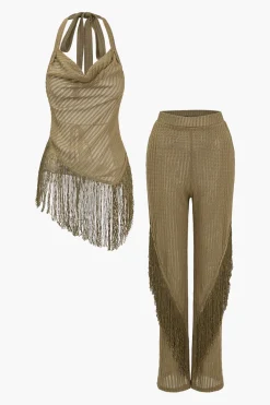 Solid Fringe Backless Asymmetrical Trouser Set