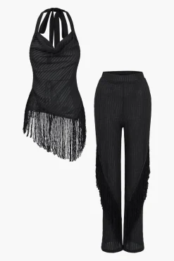 Solid Fringe Backless Asymmetrical Trouser Set
