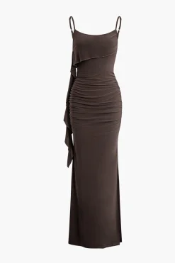 Solid Fringe Backless Slip Slit Maxi Dress