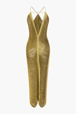 Solid Fringe Cut Out Slit Midi Dress