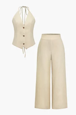 Solid Halter Backless Vest And Wide Leg Pants Set