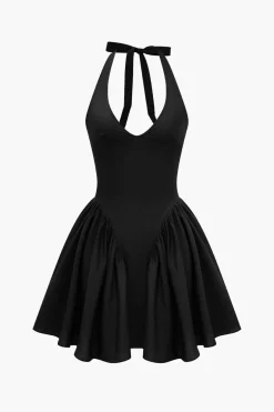 Solid Halter V-neck Ruched Mini Dress