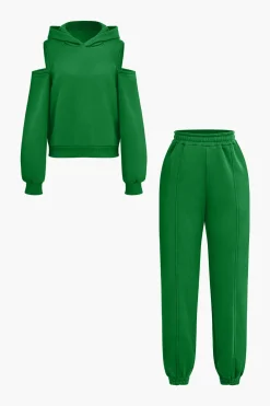 Solid Hooded Cut Out Sweatshirt And Elastic Pants Set
