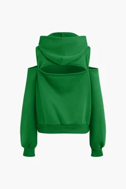 Solid Hooded Cut Out Sweatshirt And Elastic Pants Set