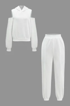 Solid Hooded Cut Out Sweatshirt And Elastic Pants Set