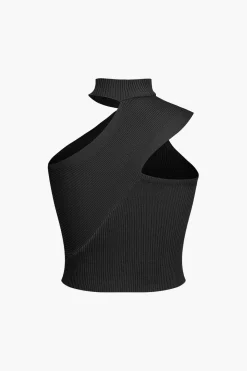 Solid Knit Asymmetrical Mock Neck Tank Top
