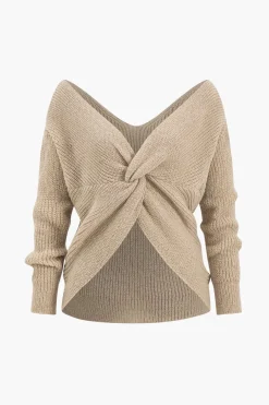 Solid Knit Backless V-Neck Twist Knot Long-Sleeve Top