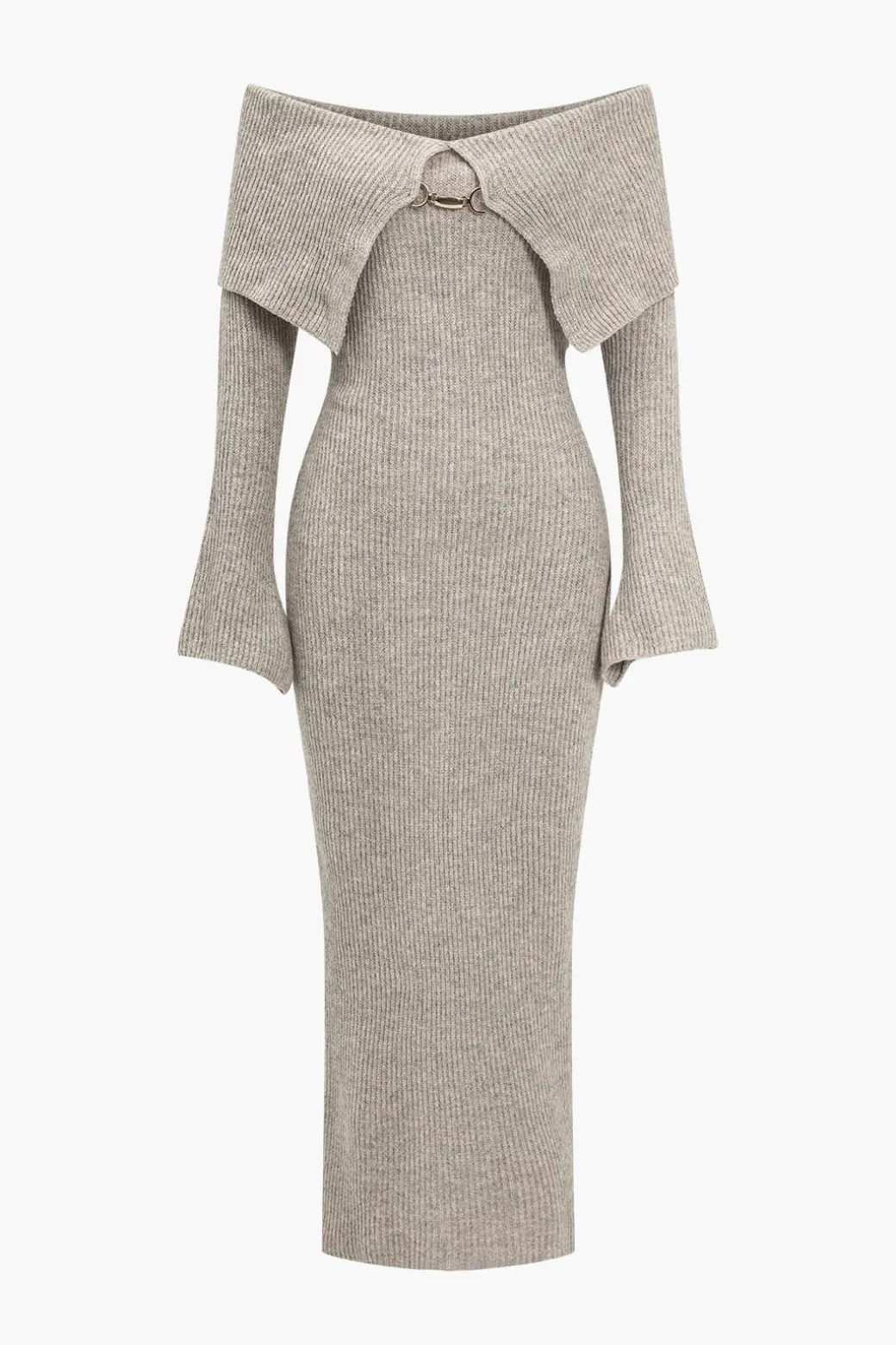 Solid Knit Bell Sleeves Off Shoulder Maxi Dress