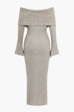 Solid Knit Bell Sleeves Off Shoulder Maxi Dress