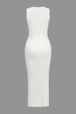 Solid Knit Button Cut Out Slit Dress