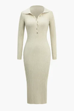 Solid Knit Button Long Sleeve Dress