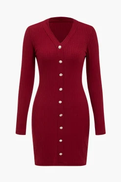Solid Knit Button Long-Sleeve Dress