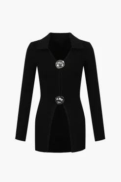 Solid Knit Button Long-Sleeve Top