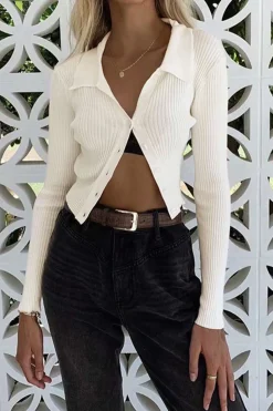 Solid Knit Button Long-Sleeve Top