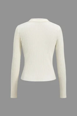 Solid Knit Button Long-Sleeve Top