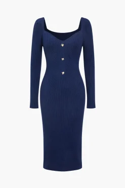 Solid Knit Button Midi Dress