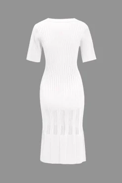 Solid Knit Button Round Neck Short Sleeve Dress