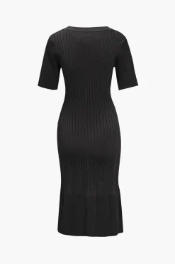 Solid Knit Button Round Neck Short Sleeve Dress