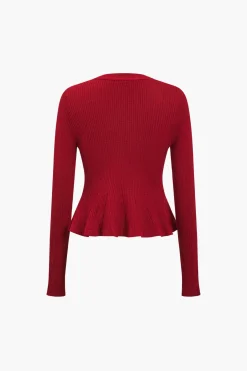 Solid Knit Button Ruffled Long-Sleeve Top
