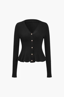 Solid Knit Button Ruffled Long-Sleeve Top