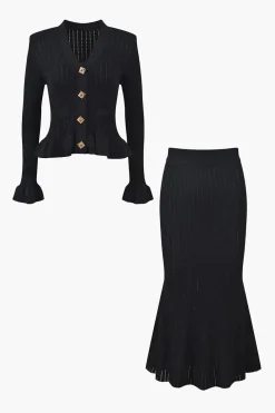 Solid Knit Button Top And Ruffle Mermaid Skirt Set