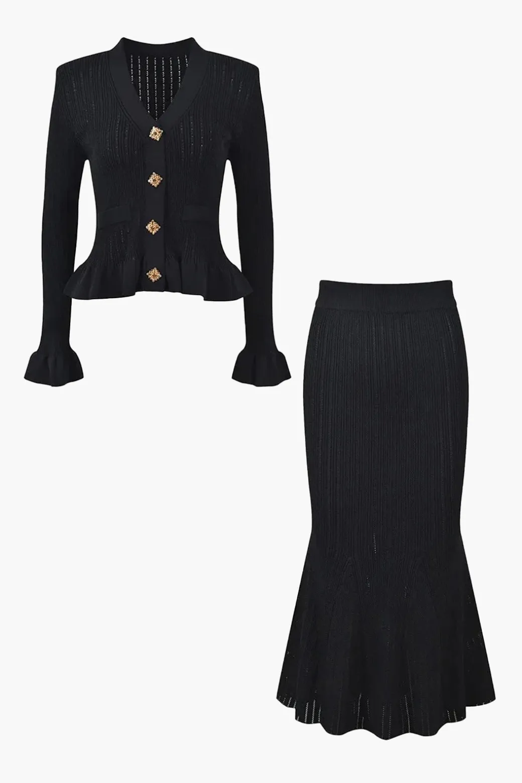 Solid Knit Button Top And Ruffle Mermaid Skirt Set