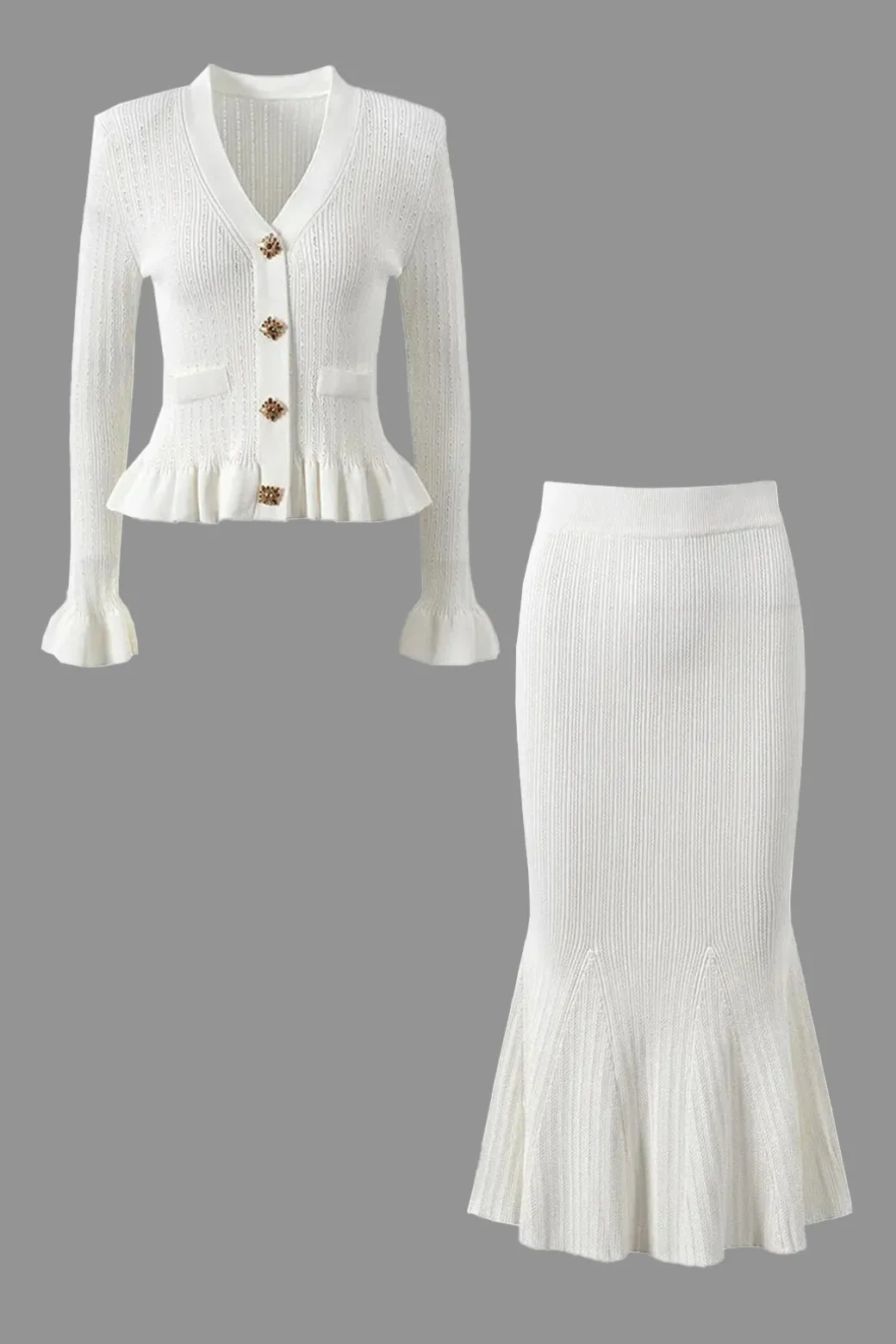 Solid Knit Button Top And Ruffle Mermaid Skirt Set