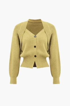Solid Knit Button V-neck Long Sleeve Cardigan