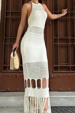 Solid Knit Fringe Cut Out Tie-Up Dress