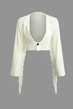 Solid Knit Fringe Long Sleeve Top And Mini Skirt Set