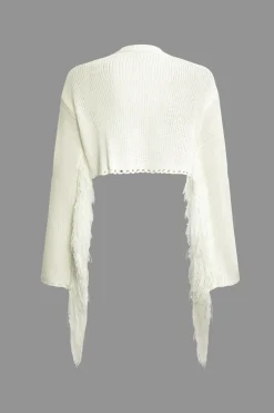 Solid Knit Fringe Long Sleeve Top And Mini Skirt Set
